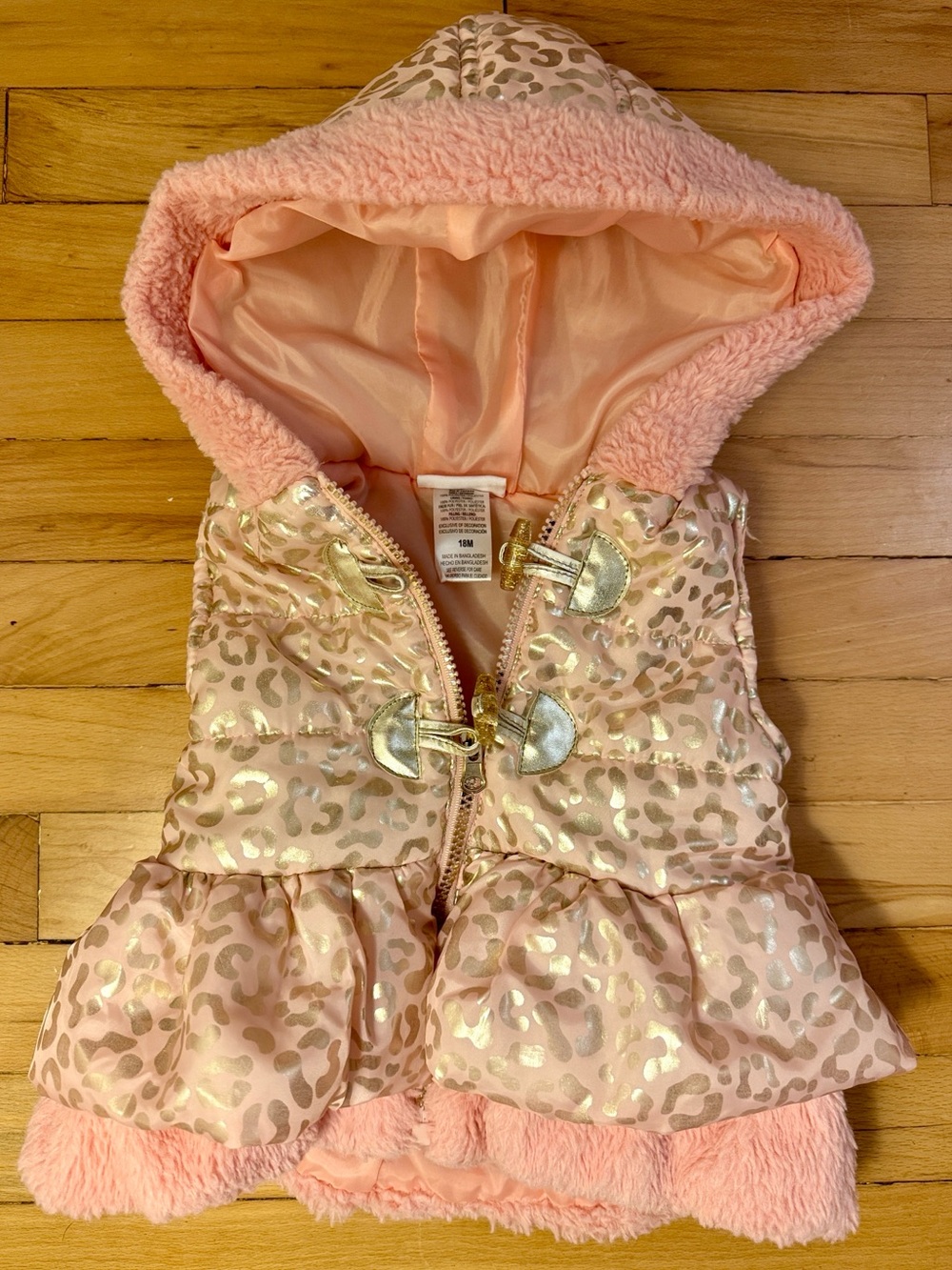 Little Lass Peachy Pink Metallic Leopard Hooded Puffer Vest 18 months